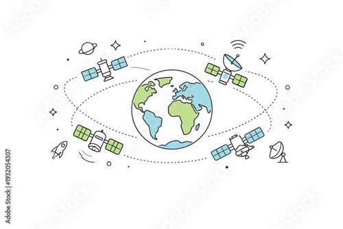 Space technology and satellite networks. Multiple satellites forming a loose constellation around the planet. Calm coordination, scale, and synchronized motion