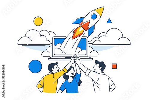 Startup success and scaling. A rocket-shaped arrow launching upward from a laptop, team members high-fiving beneath it as geometric clouds drift aside. The