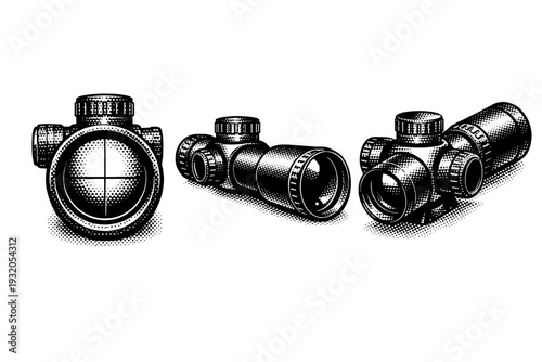 Rifle scope optic shown in front view, side profile, and three-quarter angled perspective, featuring adjustment turrets, objective lens housing, and realistic