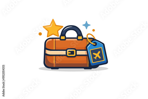 Luxury travel accessories mood represented by an elegant bag, tag, and star accent forming a refined badge, suggesting premium quality and stylish journeys.