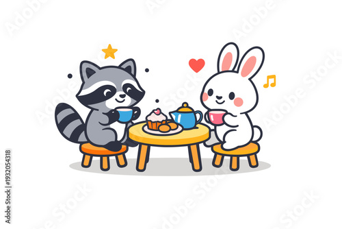 Cute Animals in a whimsical tea party, featuring a playful raccoon and rabbit sitting around a tiny table with cups and pastries, conveying imagination, joy,