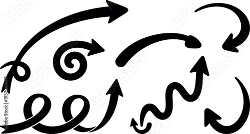 Hand drawn brush arrow set up black arrows swirling curved looped directional icons for infographic vector layouts isolated white background