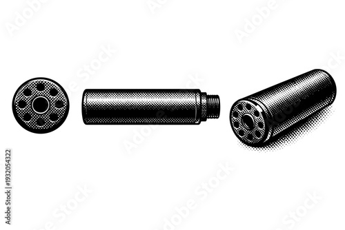 Rifle suppressor cylinder illustrated front view, side profile, and three-quarter perspective, with threaded mount detail and realistic cylindrical