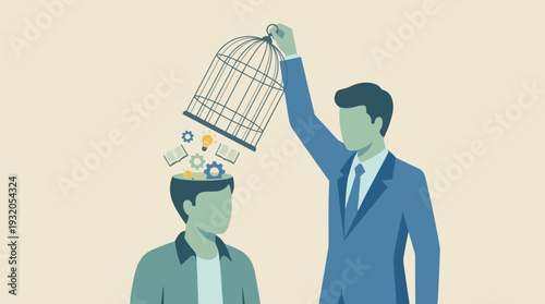 Businessman lifting a birdcage from a man's head to release ideas, books, and gears, symbolizing mental freedom, creative liberation, knowledge acquisition, and unlocking human potential concept