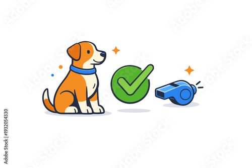 Dog training concept represented by a focused dog sitting upright next to a simple checkmark and whistle, suggesting learning, discipline and