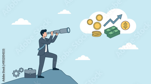Professional businessman using a telescope to find investment opportunities and financial growth, looking at money and profit icons in a cloud, concept of business vision and future success.