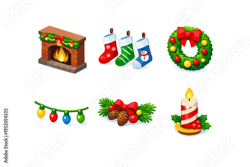 HolidayDecor. Isometric flat vector icons set of holiday decor: fireplace garland, hanging stockings set, christmas wreath, decorative lights string, pine