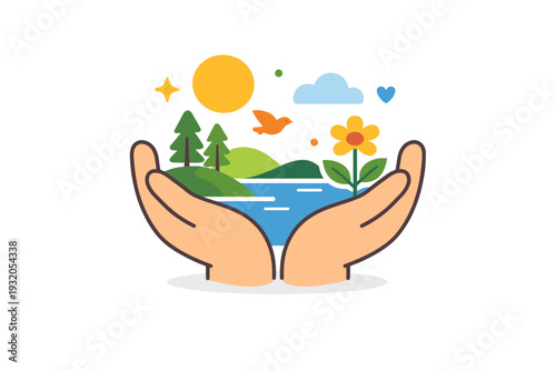 Nature care conveyed through a balanced composition of plant life and soft protective shapes, reflecting harmony between humans and the natural world. A clean