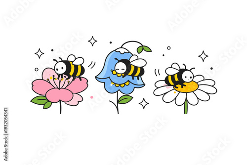 Bees resting on blossoms. Calm scene of bees gently sitting on flowers, subtle interaction with petals and pollen, peaceful and quiet natural moment. Gentle
