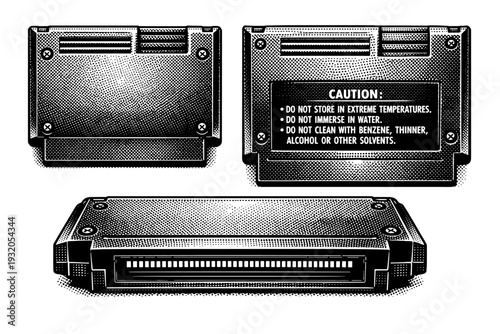 Game cartridge rear panel. A realistic game cartridge with a detailed rear panel is depicted as a single object shown in three views emphasizing screws, vents,