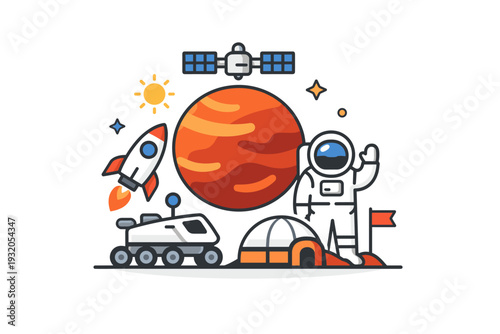 Mars mission concept expressing humanity?s future goals and space age innovation. An optimistic and inspiring scene communicating progress, exploration and