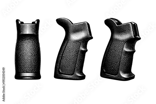 Pistol grip component shown front view, side profile, and angled perspective, featuring textured surface pattern and realistic anatomical proportions. Black
