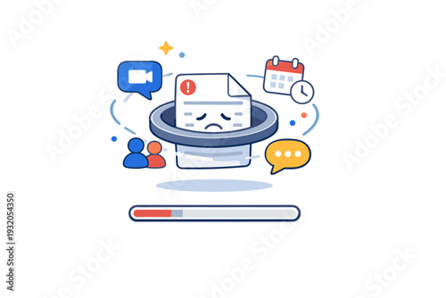 Meeting debt overload draining productivity shown as a progress bar barely moving while multiple meeting icons orbit a trapped document, expressing stalled