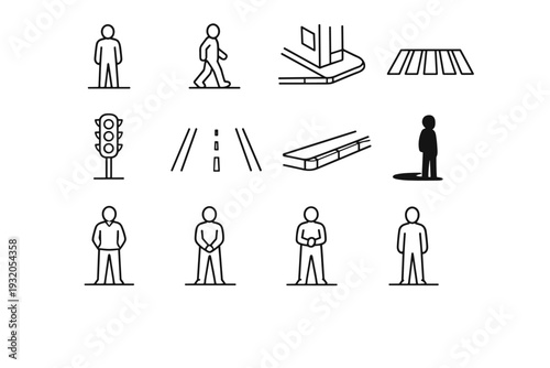 Urban Crossing Moment. Line icon set of Urban Crossing Moment: lone pedestrian, paused step, street corner view, crosswalk ahead, traffic light pole, empty