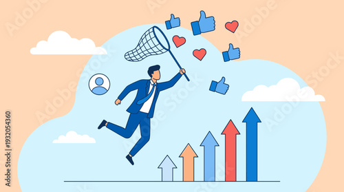 Businessman jumping with a net to catch social media like and heart icons, symbolizing digital marketing success, online engagement, audience approval, and business growth strategy concept.