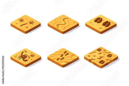 Desert tracks. Isometric flat vector icons set of desert tracks: lizard footprints, snake trail line, camel hoof prints, scorpion tracks, wind-swept sand with