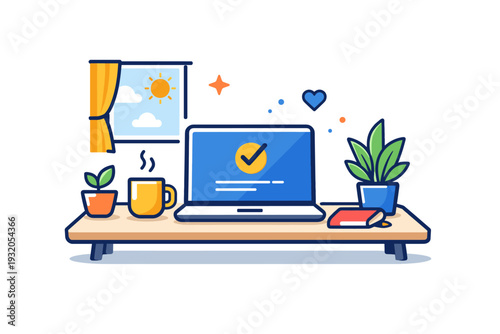 Remote work vibes capturing a relaxed home office scene with a laptop on a desk, soft sunlight through a window, and small plant accents conveying comfort,