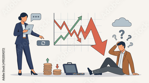 Businesswoman analyzing stock market data on tablet while confused investor sits on floor facing financial loss from market crash, representing economic volatility, risk, and uncertainty. Vector.