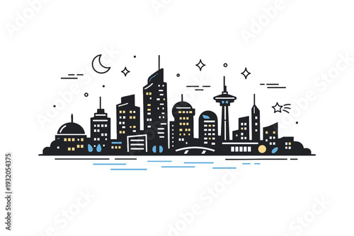 Night futuristic skyline. A city silhouette with softly glowing windows and minimal stars above, calm and quiet mood. Scene about peaceful high-tech urban life