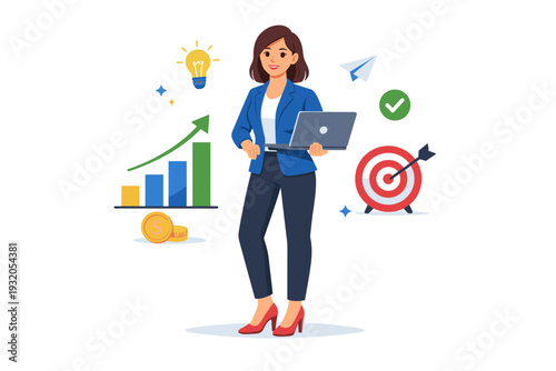 Flat vector business characters shown as a confident professional standing with a laptop and minimal growth icons, conveying competence, focus, and modern work