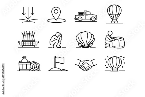 Landing Process. Line icon set of Landing Process: descent arrows, landing site marker, crew vehicle, controlled landing, basket touchdown, safety posture