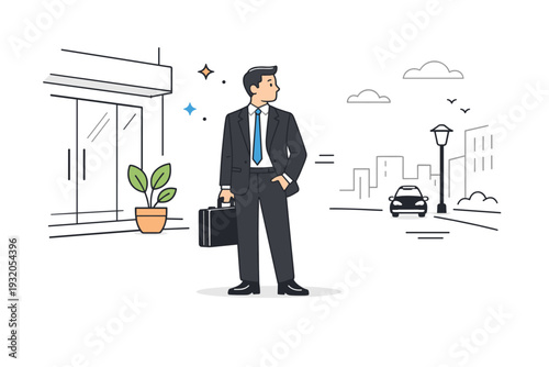 Business traveler waiting outside an office building. Person with briefcase standing confidently near a modern facade, glancing down the street for
