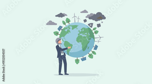 Environmental Protection Concept with Businessman in Space Helmet Hugging Earth Globe Surrounded by Renewable Energy Sources Like Wind Turbines and Solar Panels Against Dark Pollution Clouds