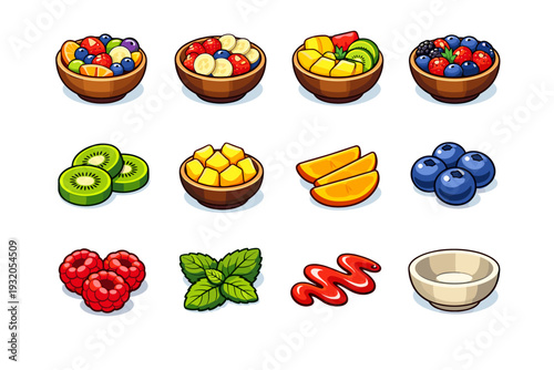 Fruit Bowls. Colorful isometric vector icons set of Fruit Bowls: mixed fruit bowl, strawberry banana bowl, tropical fruit bowl, berry mix bowl, kiwi slices,