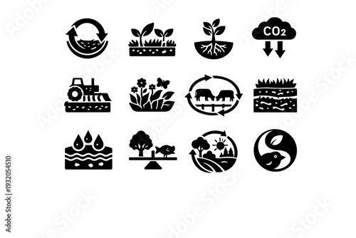 Regenerative agriculture. Solid icon set of Regenerative agriculture: soil regeneration arrows, cover crops, root system, carbon capture symbol, no till