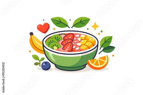 Plant based nutrition shown through a colorful smoothie bowl with leaf accents and fruit symbols, communicating natural ingredients clean eating and everyday