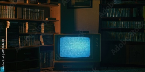 Dark room features bookshelves filled with media. Vintage television displays static, creating eerie glow. Warm lighting highlights textures.