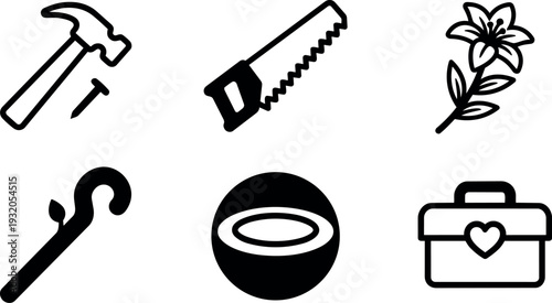 Line art close up set of hammer saw lily cane bowl and heart toolbox isolated on white background flat minimalist