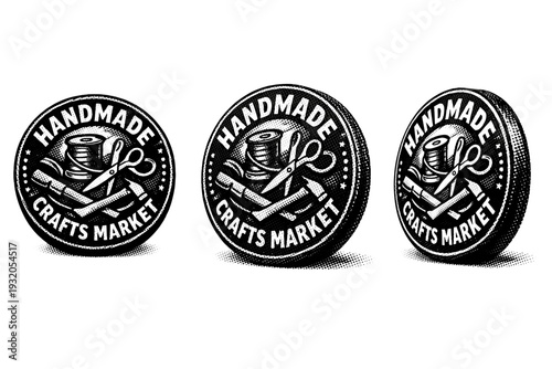 Local market badge ? handmade crafts market emblem. A handmade crafts market badge shown as one object in three different views focusing on handcrafted