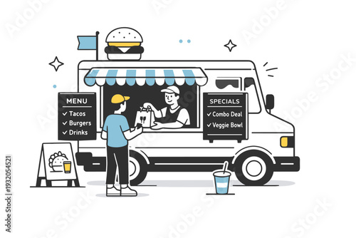 Food truck culture. A compact food truck with simple menu signs and a person ordering takeaway food. The illustration feels modern, relaxed, and urban.
