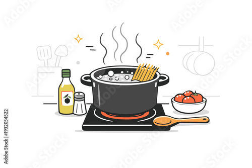 Cooking pasta. A focused editorial scene showing a pot with pasta boiling gently on a stove. Warm routine and simple home cooking, with steam lines and minimal