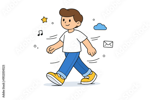 3D cartoon characters everyday life. A cartoon character walking calmly with light motion lines around. Sense of movement, daily routine, relaxed mood.