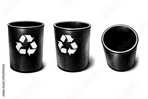 Recycling Bin ? realistic round recycling bin with open top and smooth cylindrical form. Black and white dot style with halftone texture and high contrast.
