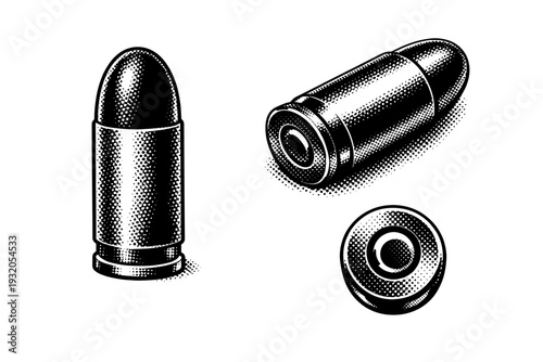 Pistol cartridge illustrated side profile, angled three-quarter perspective, and base view, showing compact casing, rounded bullet head, and accurate realistic