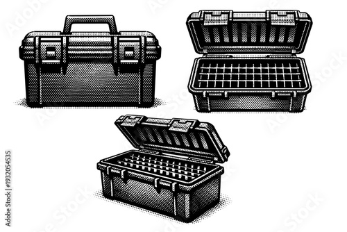 Ammo storage box shown closed front view, open top view, and angled perspective, revealing structured interior slots and realistic rigid proportions. Black and