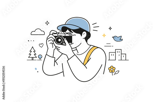 Analog shooting moment. A photographer carefully framing a shot with a film camera, intentional pace and creative presence. Quiet concentration with gentle