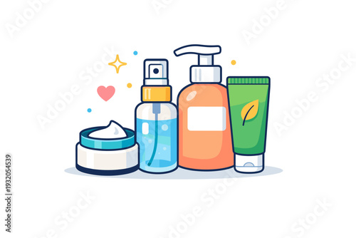 Skincare minimal set focused on clean beauty essentials with a small arrangement of bottles and jars neatly grouped together, conveying simplicity and calm