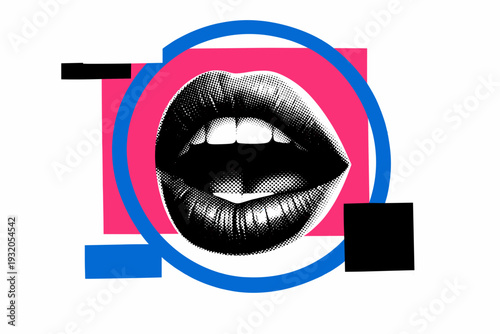 Close-up black and white lips in mid-speech with graphic halftone-inspired texture, bold pink rectangular block filling the central backdrop, blue circular