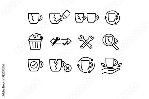Repair or Replace. Line icon set of Repair or Replace: cracked cup repair, glue fixing cup, replace broken cup, recycle ceramic cup, trash damaged mug, repair