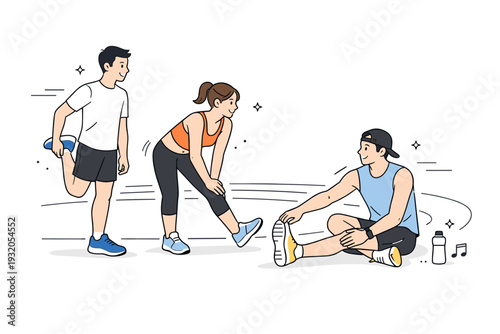 Athletes in training. Young runners stretching together before a morning session on a minimal track, calm focus and light conversation. Clean sportswear,