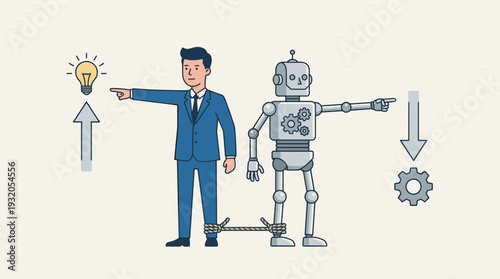 Human vs Artificial Intelligence Concept with Businessman and Robot Tied at the Leg Pointing to Innovation and Routine Tasks Illustrating the Difference Between Human Creativity and Machine AI