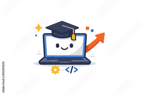 Career change through coding bootcamps driven by ambition and digital curiosity. A confident laptop with a graduation cap and small upward arrow conveys