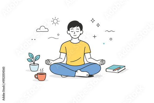 Mindful break. A peaceful editorial scene with a person taking a short pause, breathing calmly or meditating, expressing mental clarity and rest. Still