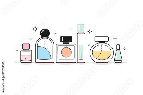 Minimal fragrance collection. A tidy editorial composition with several abstract perfume bottles arranged neatly, conveying harmony and refined taste. Calm
