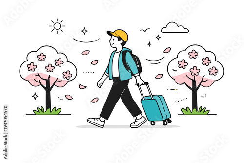 Spring travel. A person walking with a small suitcase under blooming trees, enjoying the fresh season and light movement. The mood is optimistic and relaxed,