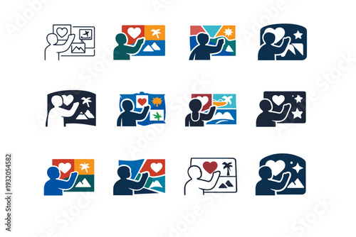 A person creating a vision board with emotional goals and aspirations for the future. Icon set. Set Logo of A person creating a vision board with emotional
